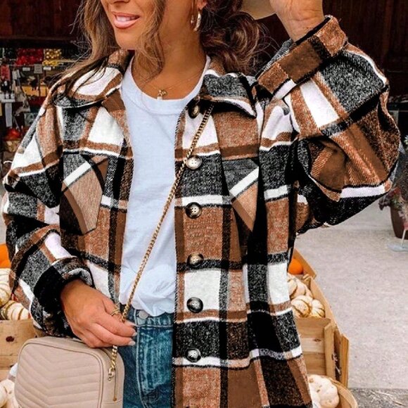 Jackets & Blazers - Elegant Women's Cropped Plaid Shacket Flannel Long Sleeve Button Down Jacket